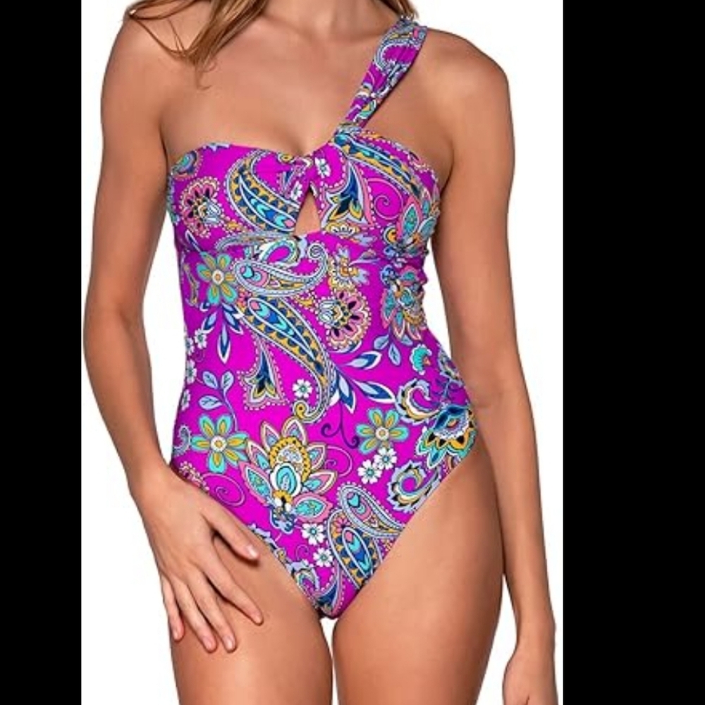 One-Shoulder Fuschia Paisley Swimsuit
